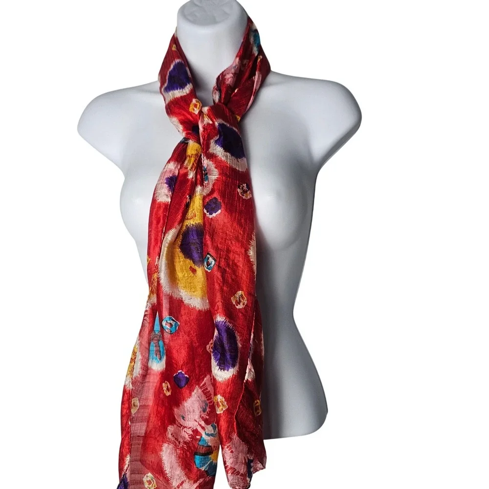 Pure Silk Scarf Red Multicolor Tie Dye Sunburst Boho Wrap Made In India